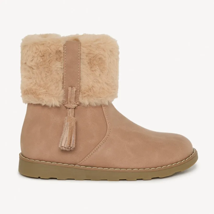 Demies bottes beiges avec pompon et revers fourrure pour bébé fille