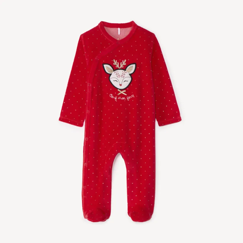 Dors-bien en velours avec patch brodé cerf et imprimé pois pour bébé fille