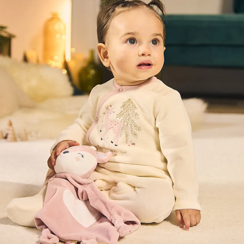 Dors-bien en velours fantaisie avec doudou assorti pour bébé fille (ouvertures différentes selon l'âge)