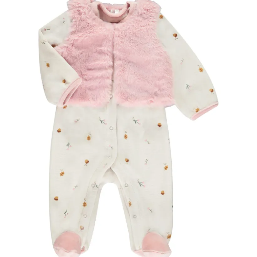 Dors-bien en velours fantaisie + gilet rose pour bébé fille (ouvertures différentes selon l'âge)