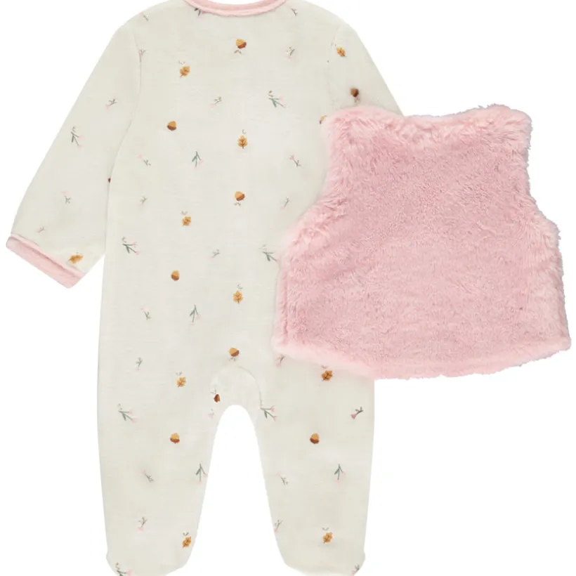 Dors-bien en velours fantaisie + gilet rose pour bébé fille (ouvertures différentes selon l'âge)