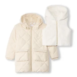 Doudoune manches longues en twill et sherpa + gilet pour fille