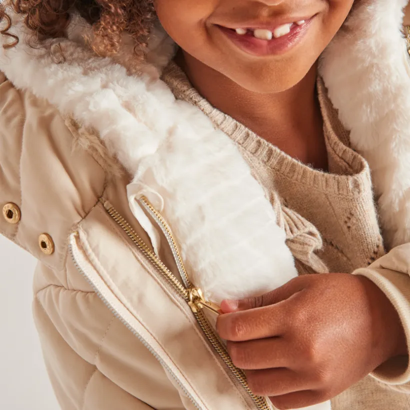 Doudoune manches longues en twill et sherpa + gilet pour fille