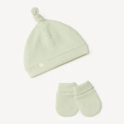 Ensemble bébé garçon bonnet et moufles en maille nid d'abeille