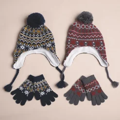 Ensemble bonnet péruvien doublé polaire et gants motifs jacquard