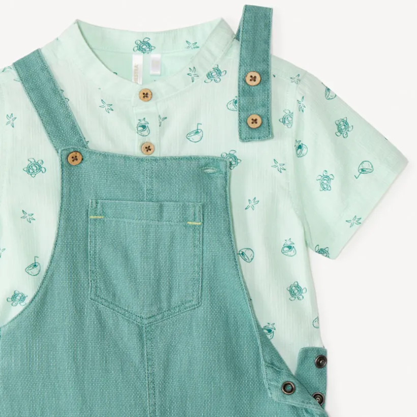 Ensemble court 2 pièces chemise col mao et salopette pour bébé garçon