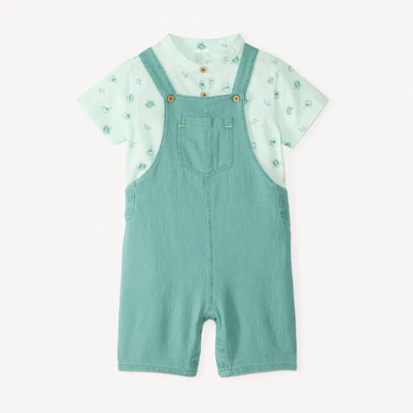 Ensemble court 2 pièces chemise col mao et salopette pour bébé garçon