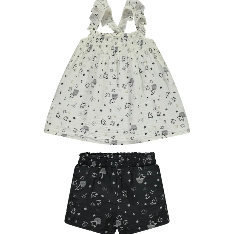 Ensemble débardeur + short imprimé fantaisie oiseaux pour bébé fille