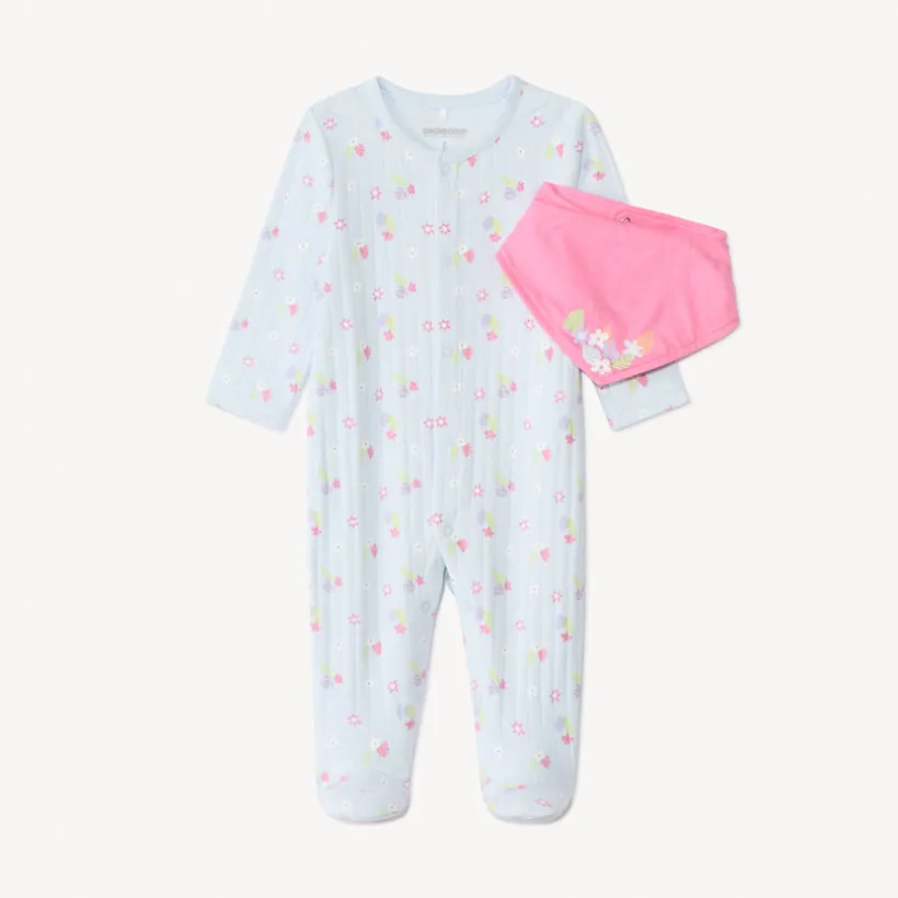 Ensemble dors-bien + bavoir à fleurs pour bébé fille avec ouvertures différentes selon l'âge