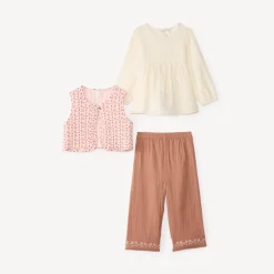 Ensemble 3 pièces bébé fille tunique + pantalon + gilet sans manches fleuris