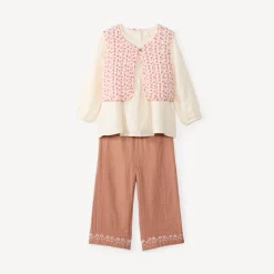 Ensemble 3 pièces bébé fille tunique + pantalon + gilet sans manches fleuris