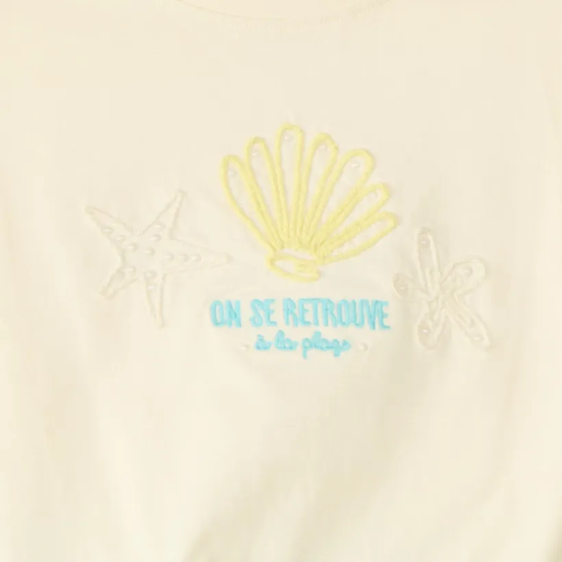 Ensemble 2 pièces t-shirt + cycliste broderie coquillages pour fille
