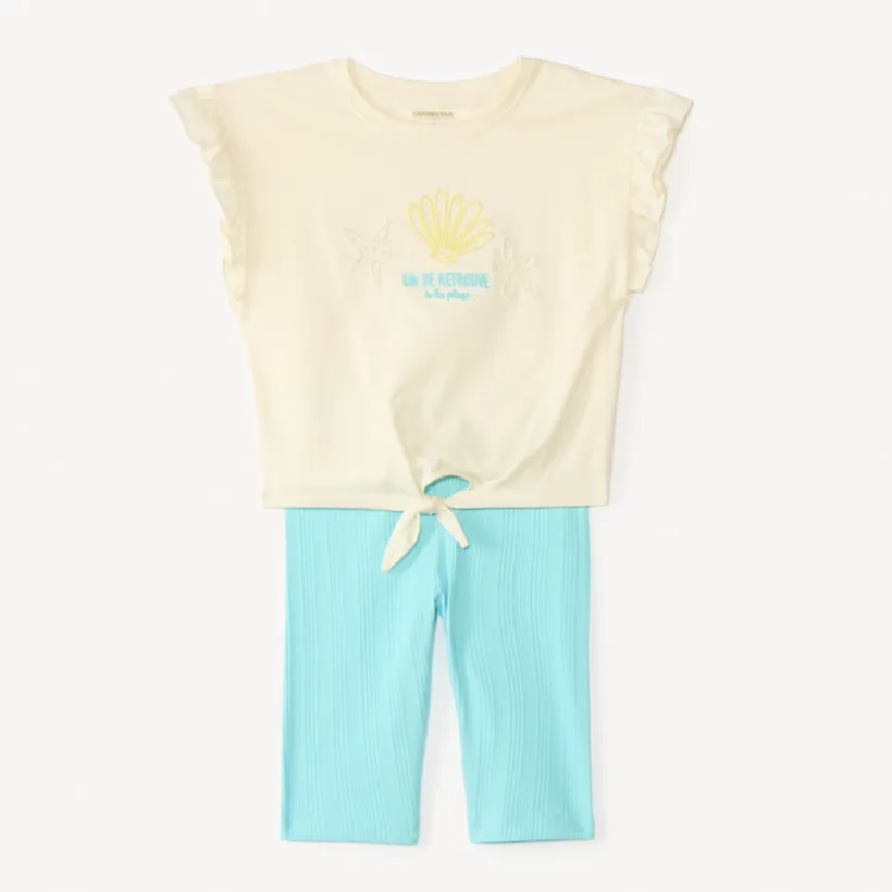 Ensemble 2 pièces t-shirt + cycliste broderie coquillages pour fille