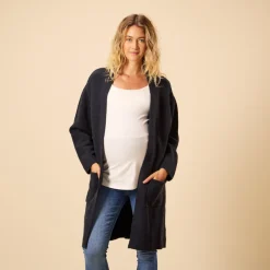 Gilet long uni en tricot avec poches pour femme