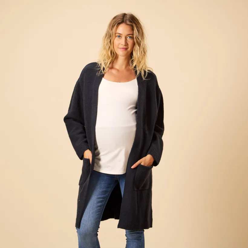 Gilet long uni en tricot avec poches pour femme