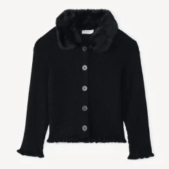 Gilet manches longues en tricot et col fausse fourrure pour fille