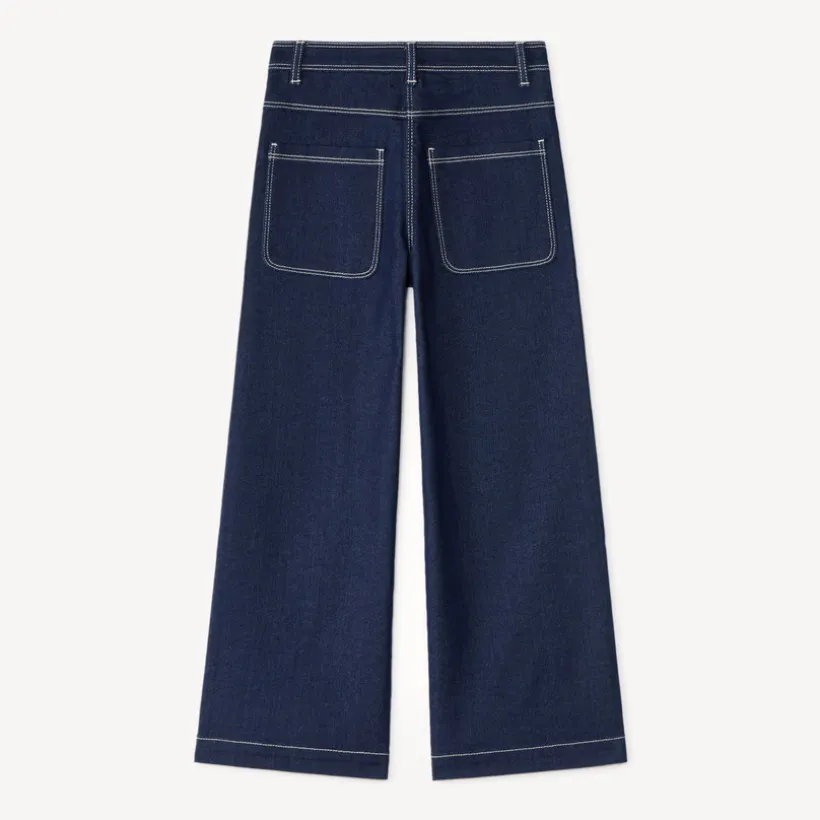 Jean fille coupe large uni avec poches plaquées