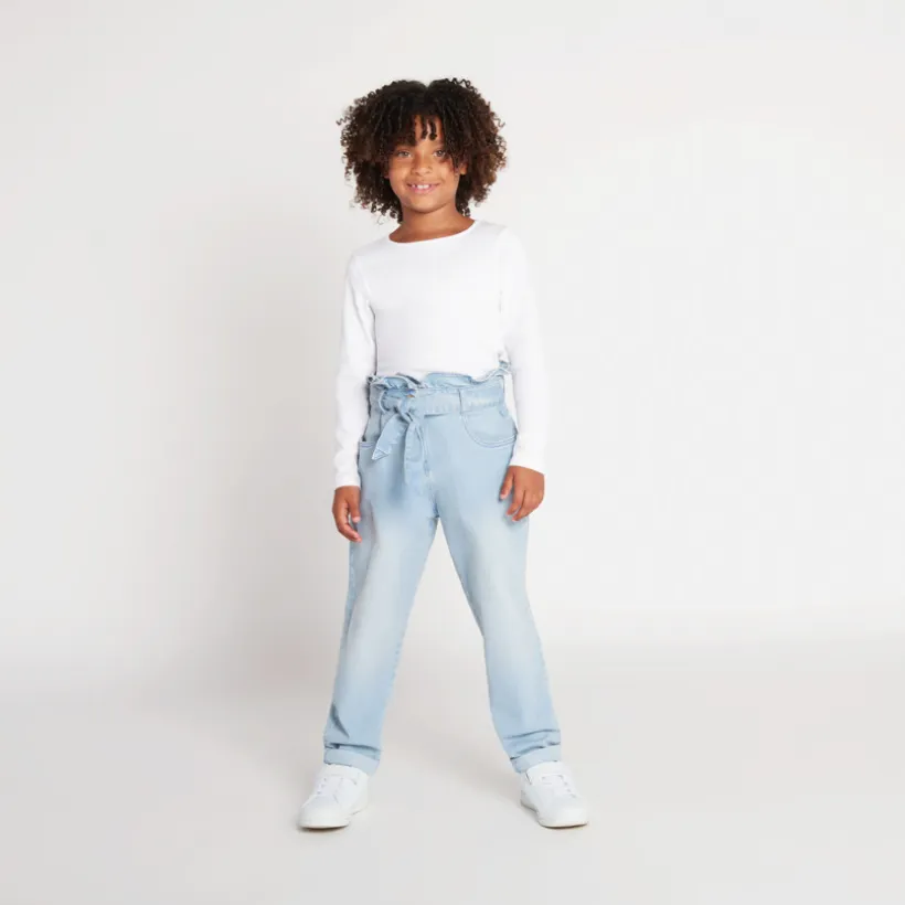 Jean paperbag avec ceinture à nouer pour fille