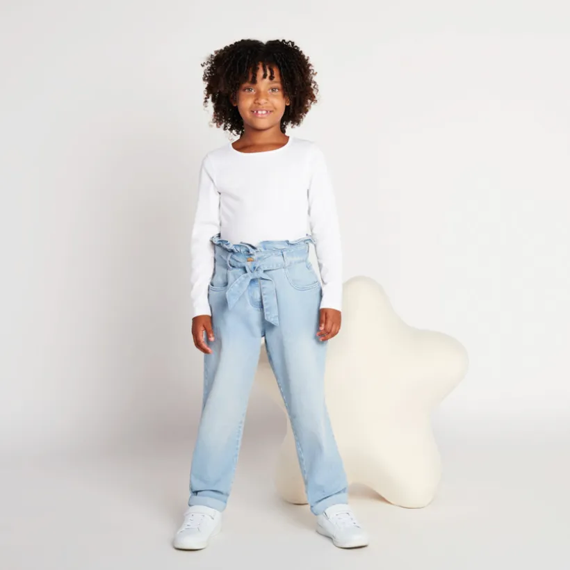 Jean paperbag avec ceinture à nouer pour fille