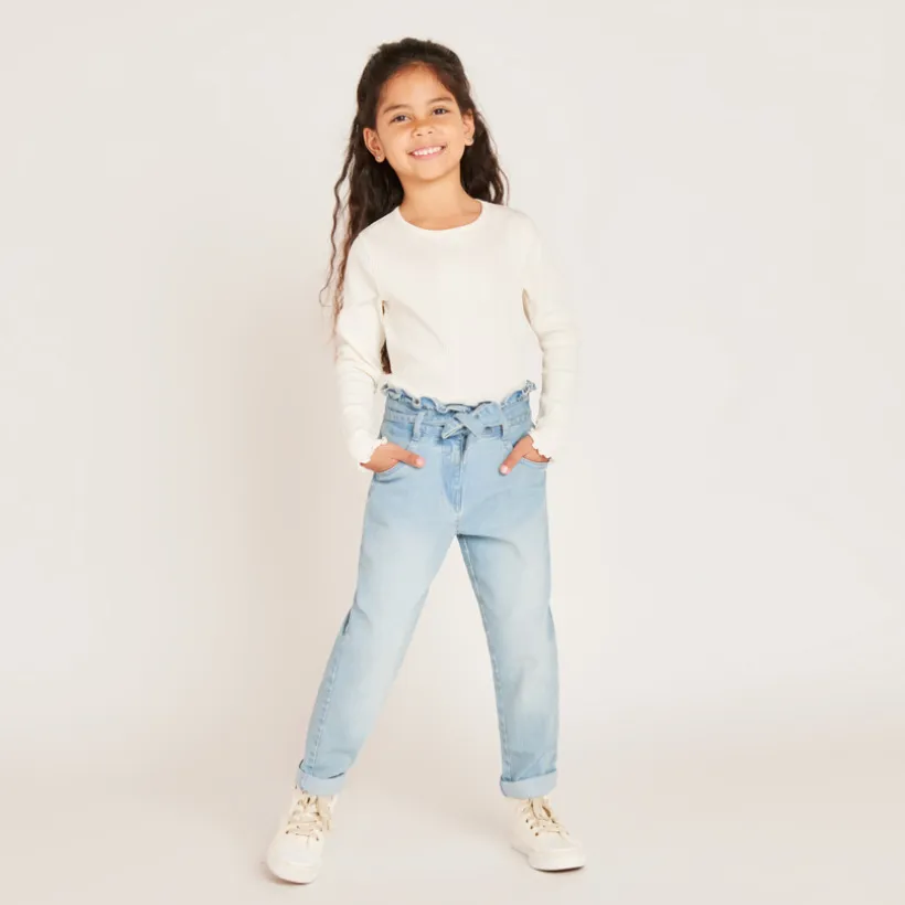 Jean paperbag avec ceinture à nouer pour fille