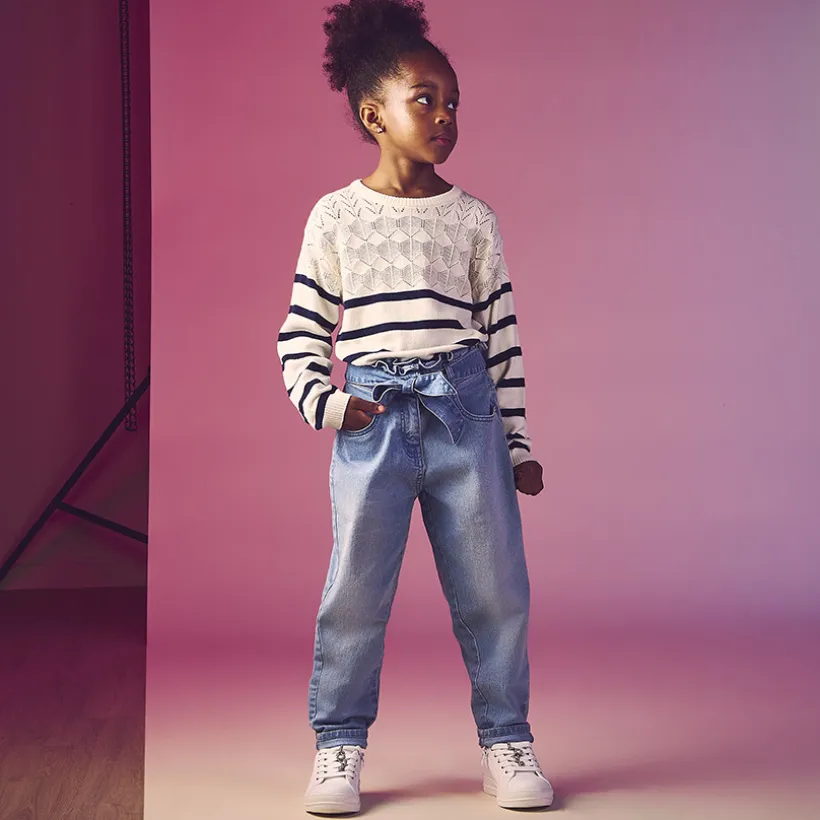 Jean paperbag avec ceinture à nouer pour fille