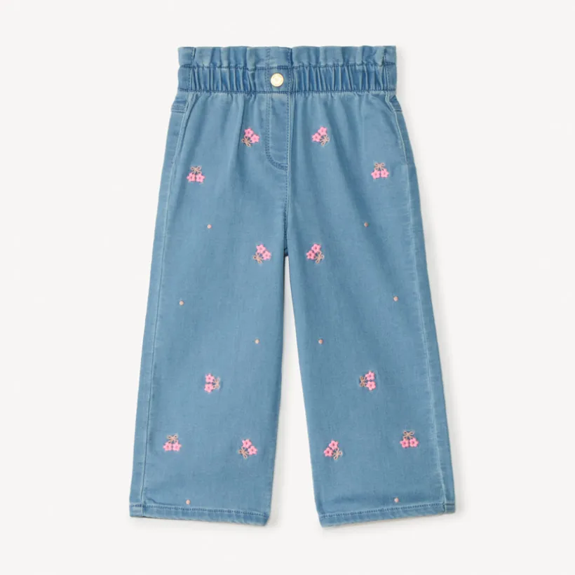 Jeans large à taille élastiquée broderie fleurs pour bébé fille