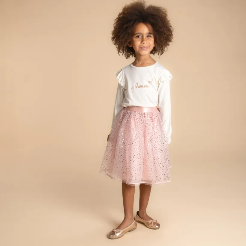 Jupe courte uni rose en tulle à sequins brillants pour fille