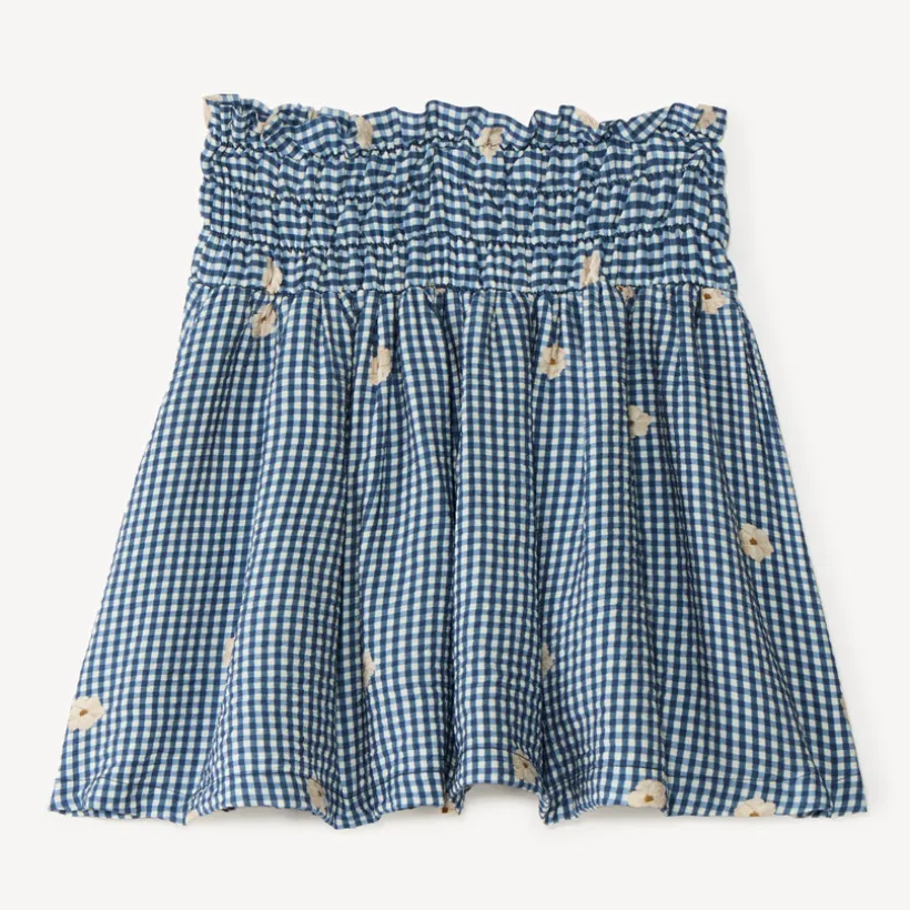 Jupe fille vichy smockée et broderie fleurie