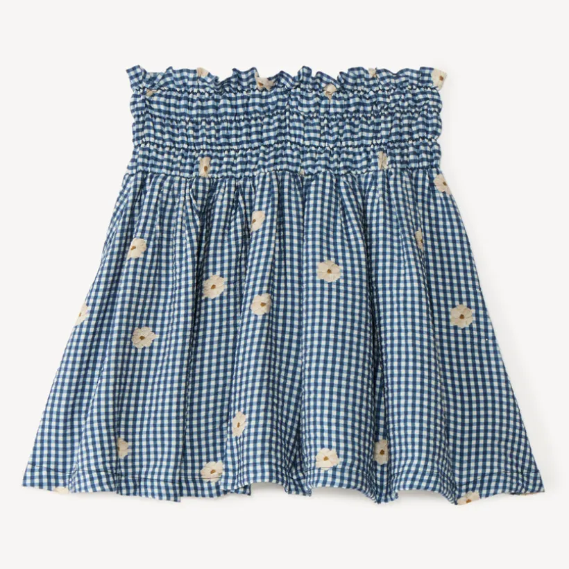 Jupe fille vichy smockée et broderie fleurie