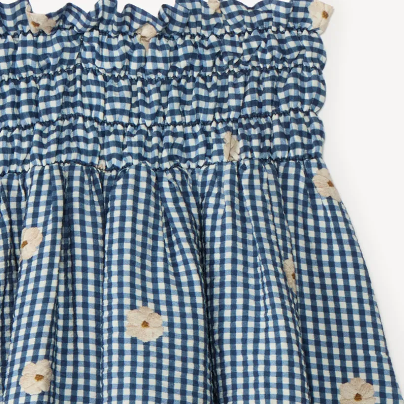 Jupe fille vichy smockée et broderie fleurie