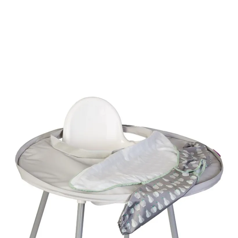 Kit bavoir et plateau imperméable imprimé fruits/gris clair