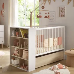 Lit bébé transformable 120 x 60 cm avec étagère Paloma blanc