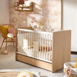 Lit bébé 120 x 60 cm Vanille aspect chêne miel/meringue
