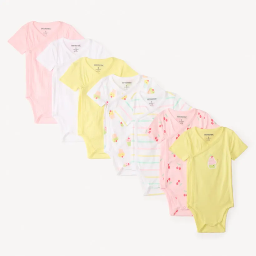 Lot de 7 bodies manches courtes motifs gourmandises pour bébé fille (ouvertures différentes selon l'âge)