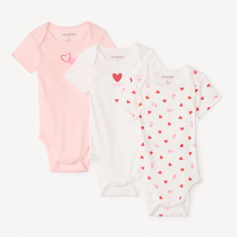 Lot de 3 bodies manches courtes fantaisie cœurs pour bébé fille