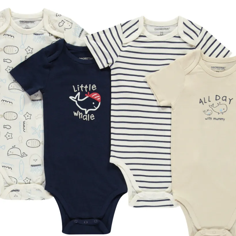 Lot de 7 bodies manches courtes motifs baleines pour bébé garçon avec ouvertures différentes selon l'âge