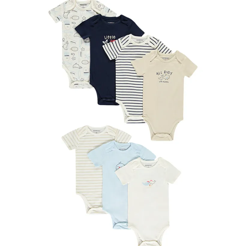 Lot de 7 bodies manches courtes motifs baleines pour bébé garçon avec ouvertures différentes selon l'âge