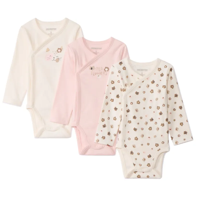 Lot de 3 bodies manches longues fantaisie pour bébé fille avec ouvertures différentes selon l'âge