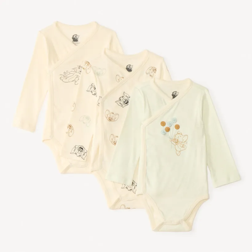 Lot de 3 bodies manches longues Tom & Jerry Warner pour bébé garçon avec ouvertures différentes selon l'âge
