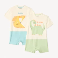 Lot de 2 combinaisons courtes en maille motifs animaux pour bébé garçon