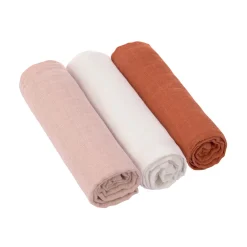 Lot de 3 langes en mousseline rouille/blanc/rose poudré