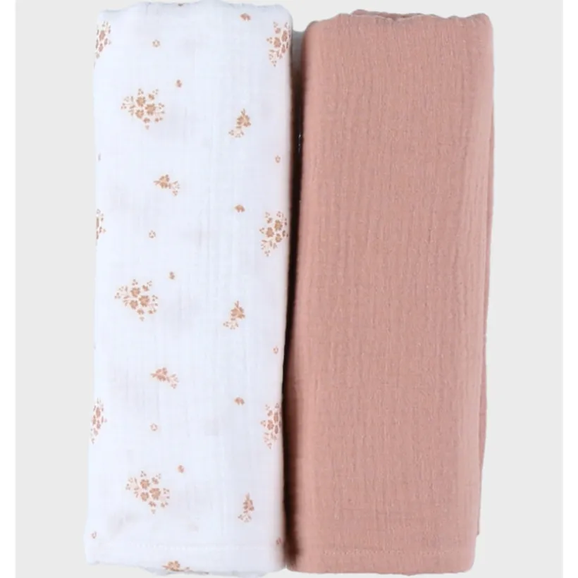 Lot de 2 langes 100x100cm Mousseline de coton bio Fleurs D'Antan