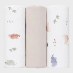 Lot de 3 langes 70x70cm Mousseline de coton bio Dino