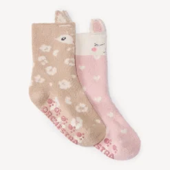 Lot de 2 paires de chaussettes antidérapantes animaux pour bébé fille