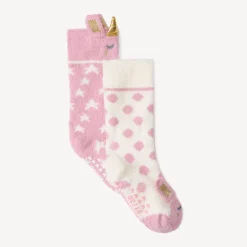 Lot de 2 paires de chaussettes normales anti-dérapantes licorne pour fille
