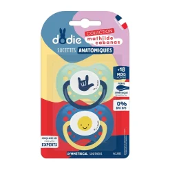 Lot de 2 sucettes anatomiques en silicone 18M+ Mathilde Cabanas bleu