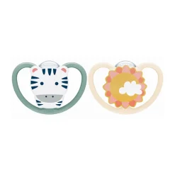 Lot de 2 sucettes en silicone 6-18M Space zèbre/soleil