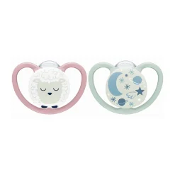 Lot de 2 sucettes en silicone 6-18M Space Nuit mouton/soleil