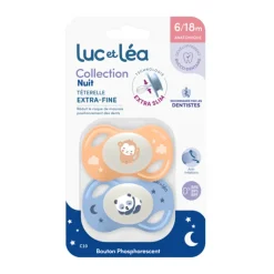 Lot de 2 sucettes silicone Extra-fines Nuit 6-18M panda/singe