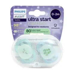 Lot de 2 sucettes silicone 0-2M Ultra Start nuit décorées